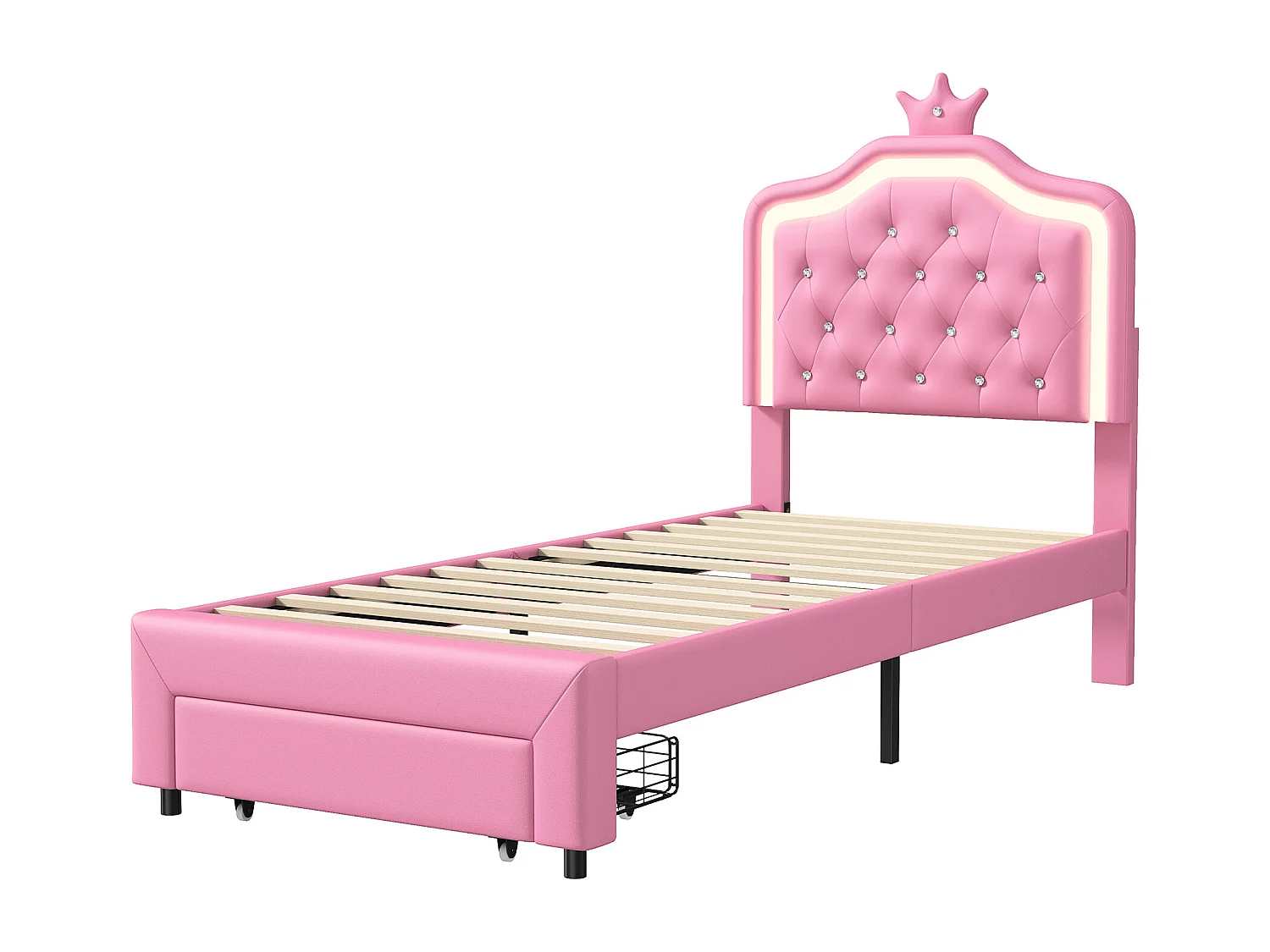 Lit enfant 90×200 cm avec LED, 2 tiroirs et sommier – Princesse avec couronne, rose