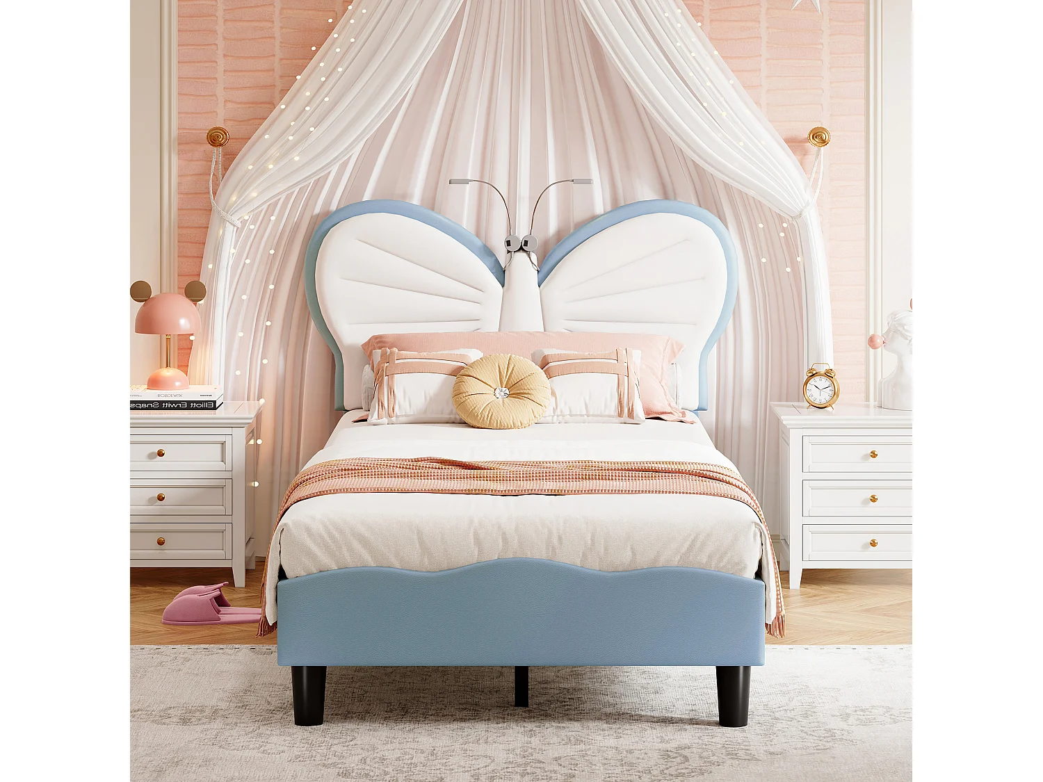 Lit princesse 90x190 cm,lit fille,lit enfant,avec deux lampes de lecture,tête de lit en forme de papillon,velours+PU,bleu