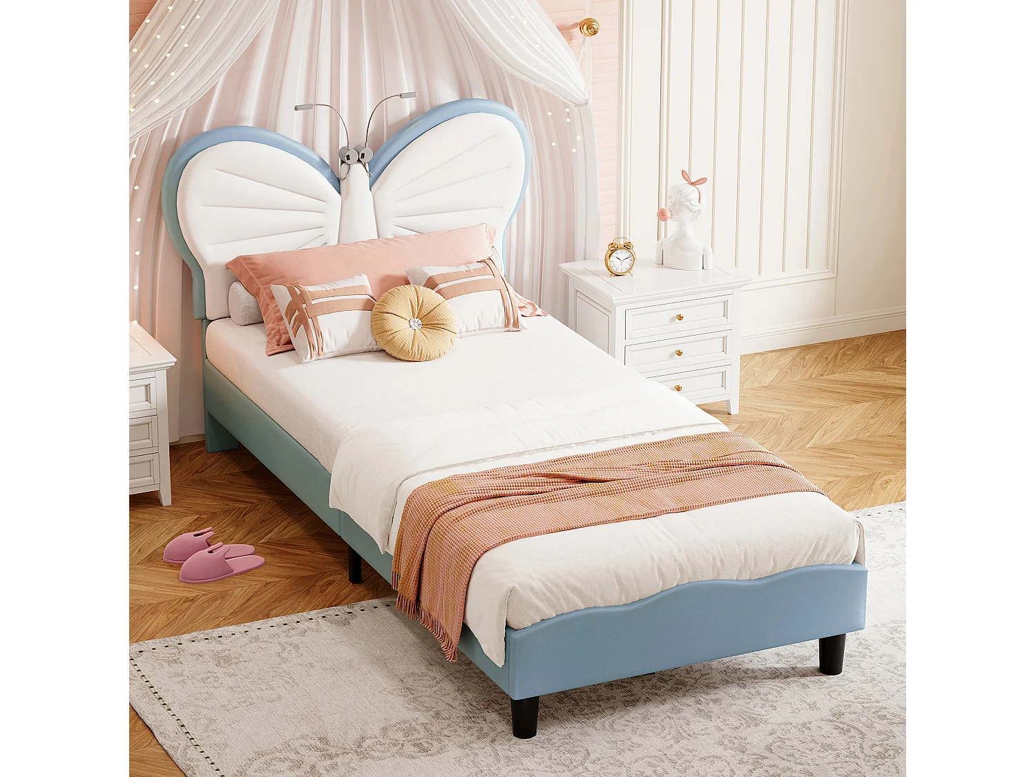 Lit princesse 90x190 cm,lit fille,lit enfant,avec deux lampes de lecture,tête de lit en forme de papillon,velours+PU,bleu