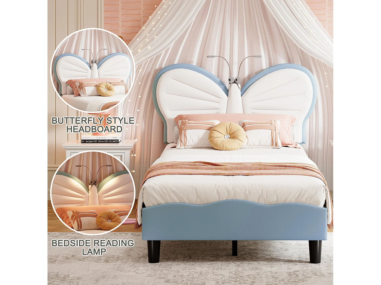 Lit princesse 90x190 cm,lit fille,lit enfant,avec deux lampes de lecture,tête de lit en forme de papillon,velours+PU,bleu