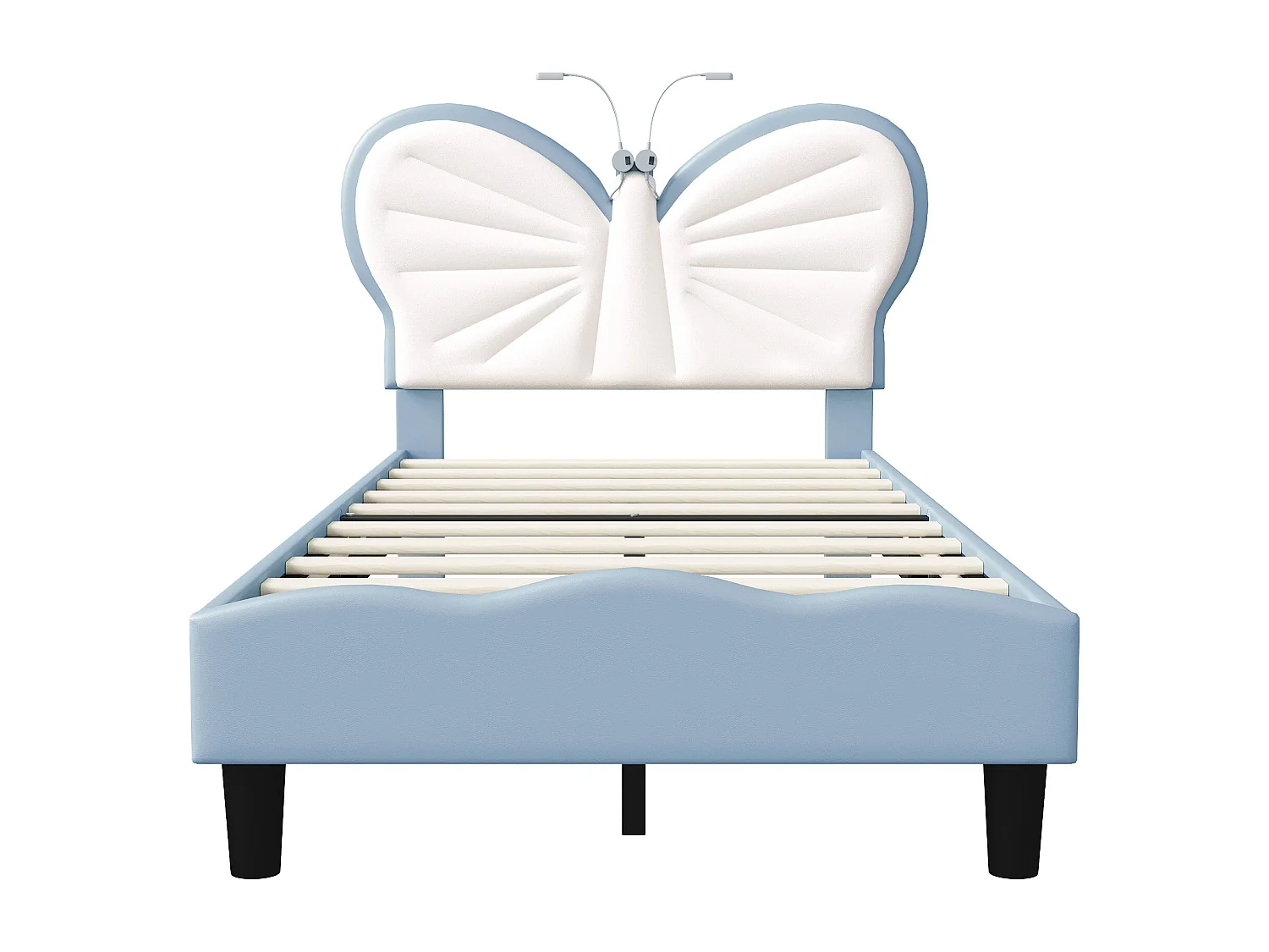 Lit princesse 90x190 cm,lit fille,lit enfant,avec deux lampes de lecture,tête de lit en forme de papillon,velours+PU,bleu