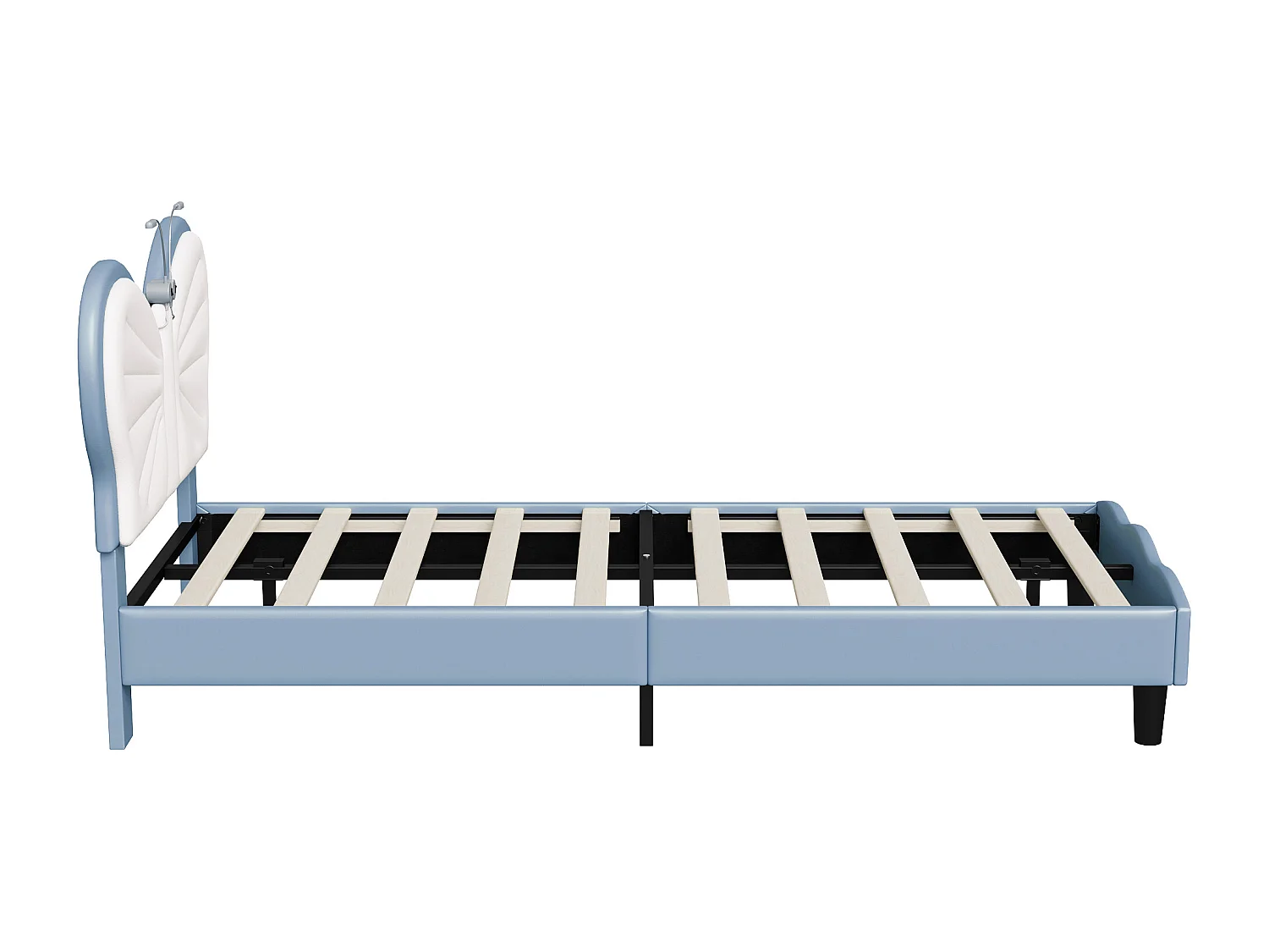 Lit princesse 90x190 cm,lit fille,lit enfant,avec deux lampes de lecture,tête de lit en forme de papillon,velours+PU,bleu