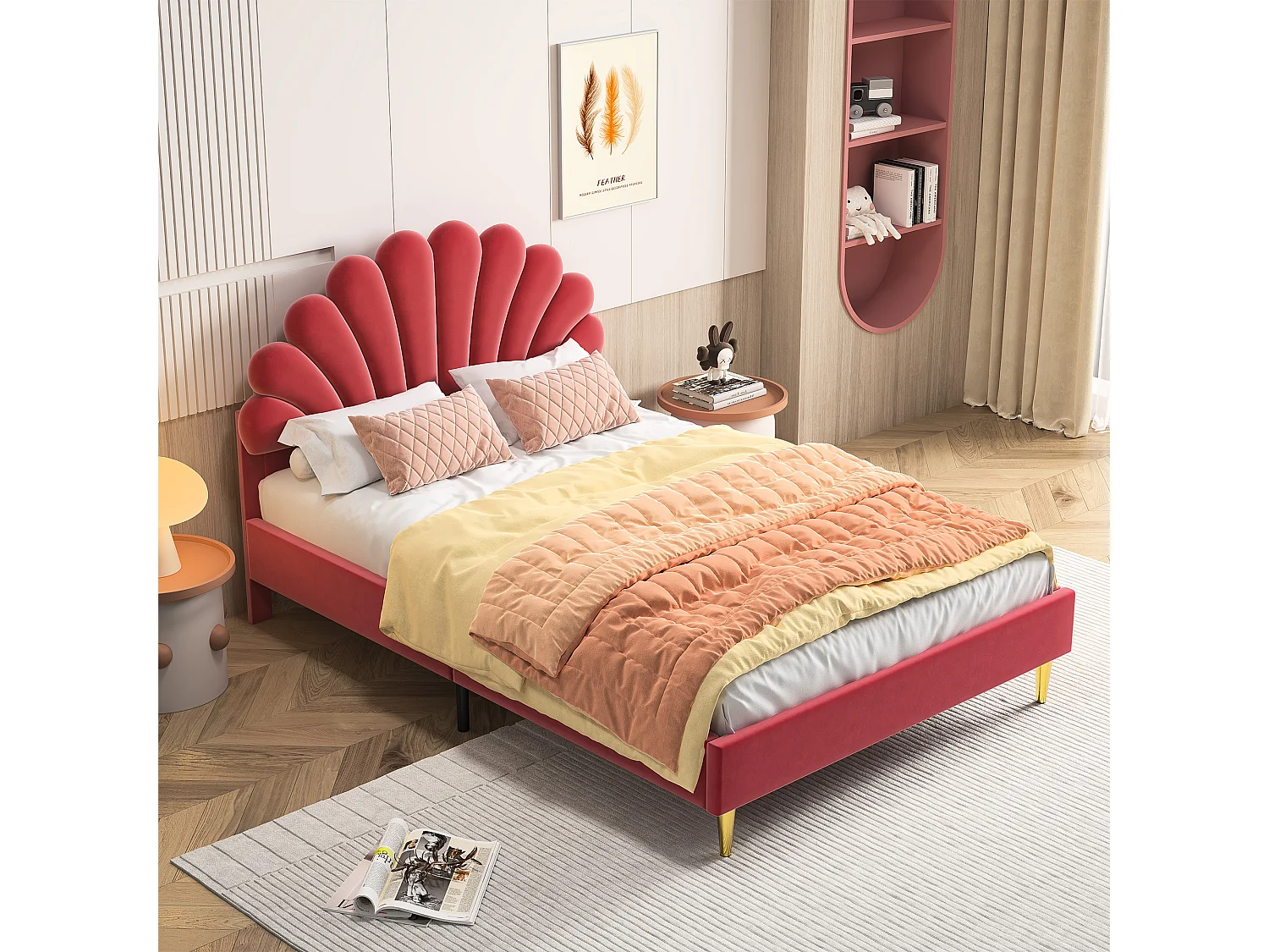 Lit double 140x200 cm – Lit princesse en velours rouge – Tête de lit fleurie – Sommier à lattes – Style scandinave