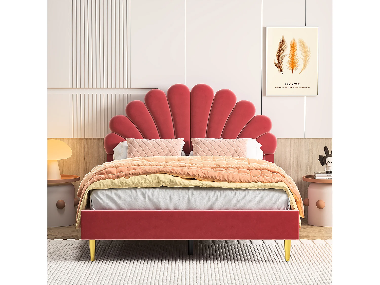Lit double 140x200 cm – Lit princesse en velours rouge – Tête de lit fleurie – Sommier à lattes – Style scandinave
