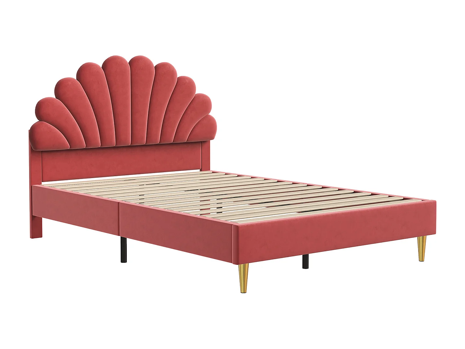 Lit double 140x200 cm – Lit princesse en velours rouge – Tête de lit fleurie – Sommier à lattes – Style scandinave