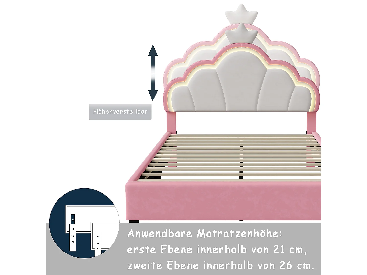 Lit enfant 90×200 cm style princesse avec tête en forme de couronne et sommier à lattes – Flanelle rose