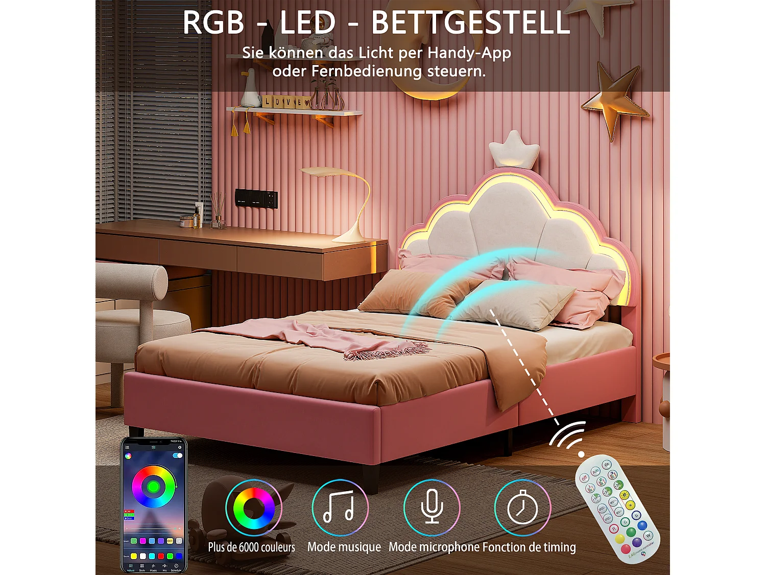 Kinderbed in prinsessenstijl 140×200 cm met kroonvormig hoofdeinde en lattenbodem – Roze flanel