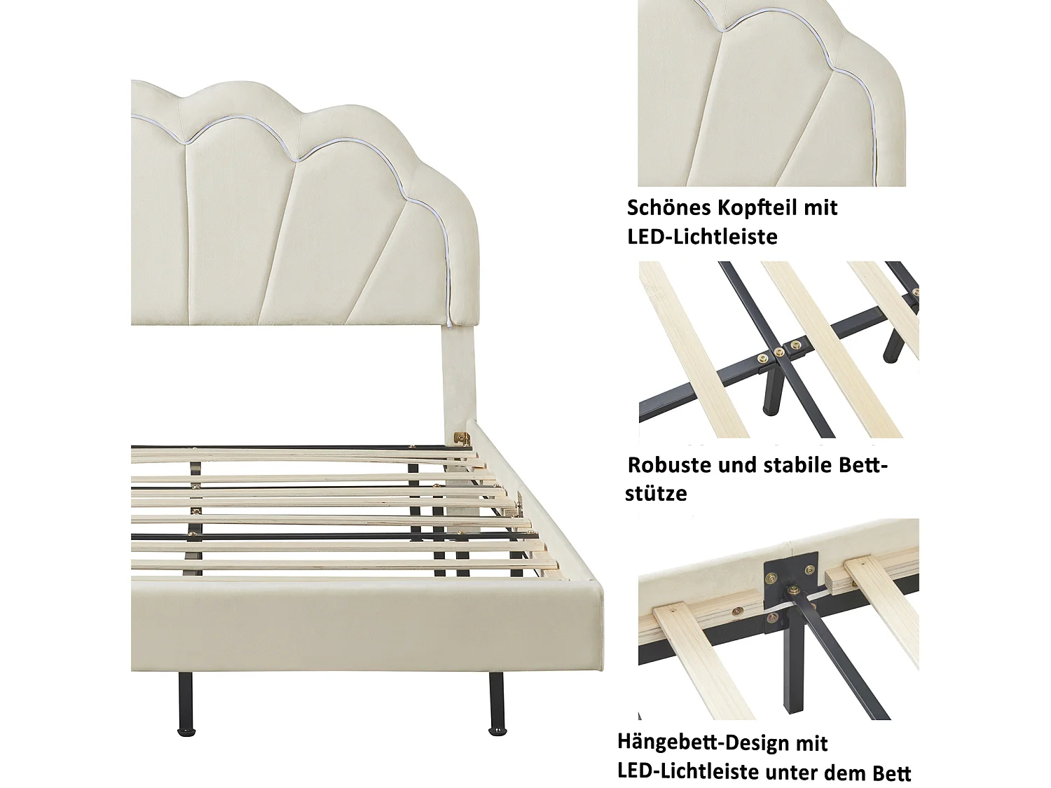 lit enfant 140 X 200,lit princesse en forme de couronne, lit rembourré simple avec sommier à lattes,LED réglable,Beige