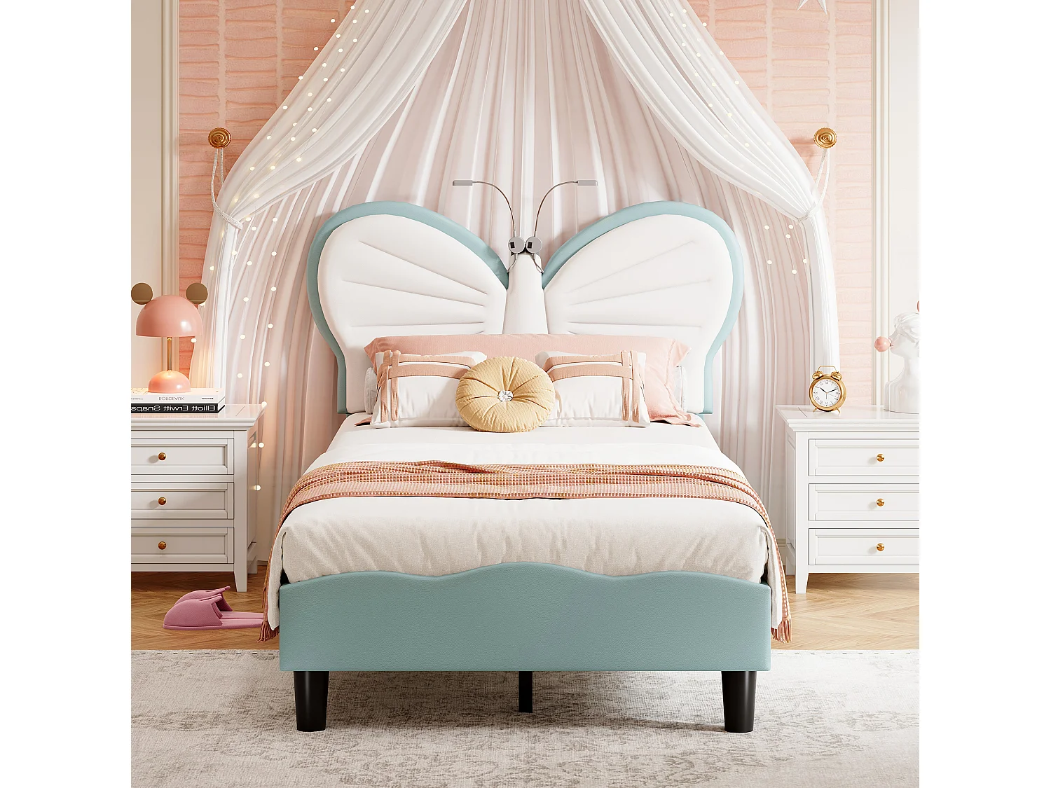 Lit princesse 90x200 cm,lit fille,lit enfant,avec deux lampes de lecture,tête de lit en forme de papillon,velours+PU,bleu