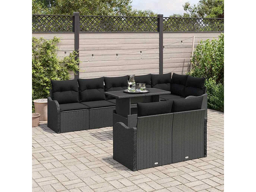 Ensemble salon avec coussin 9 pièces Noir Poly rotin
