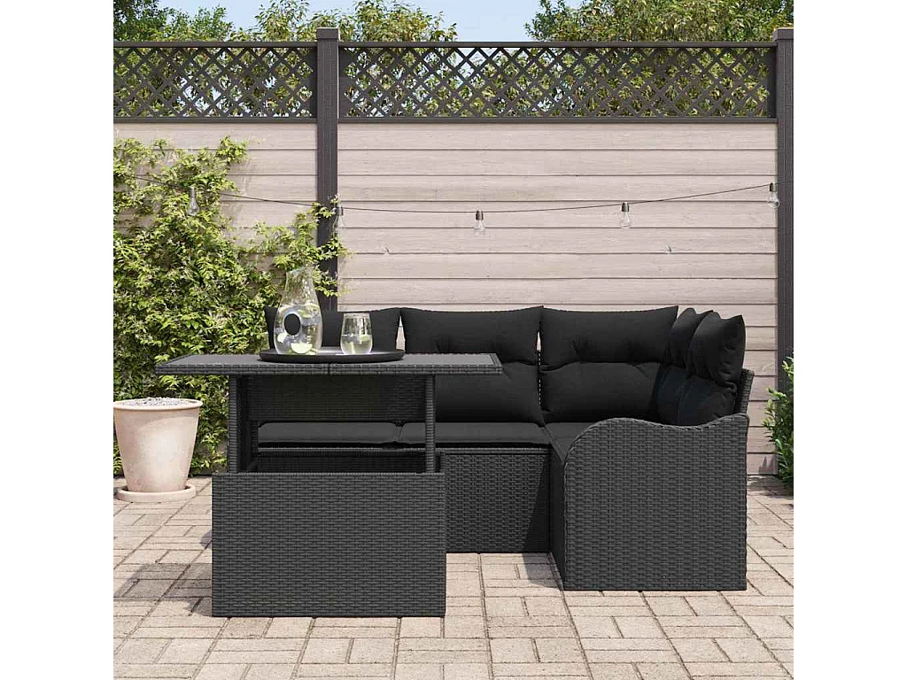 Conjunto de sofá de jardín con cojín 5 pcs Negro Poliratán