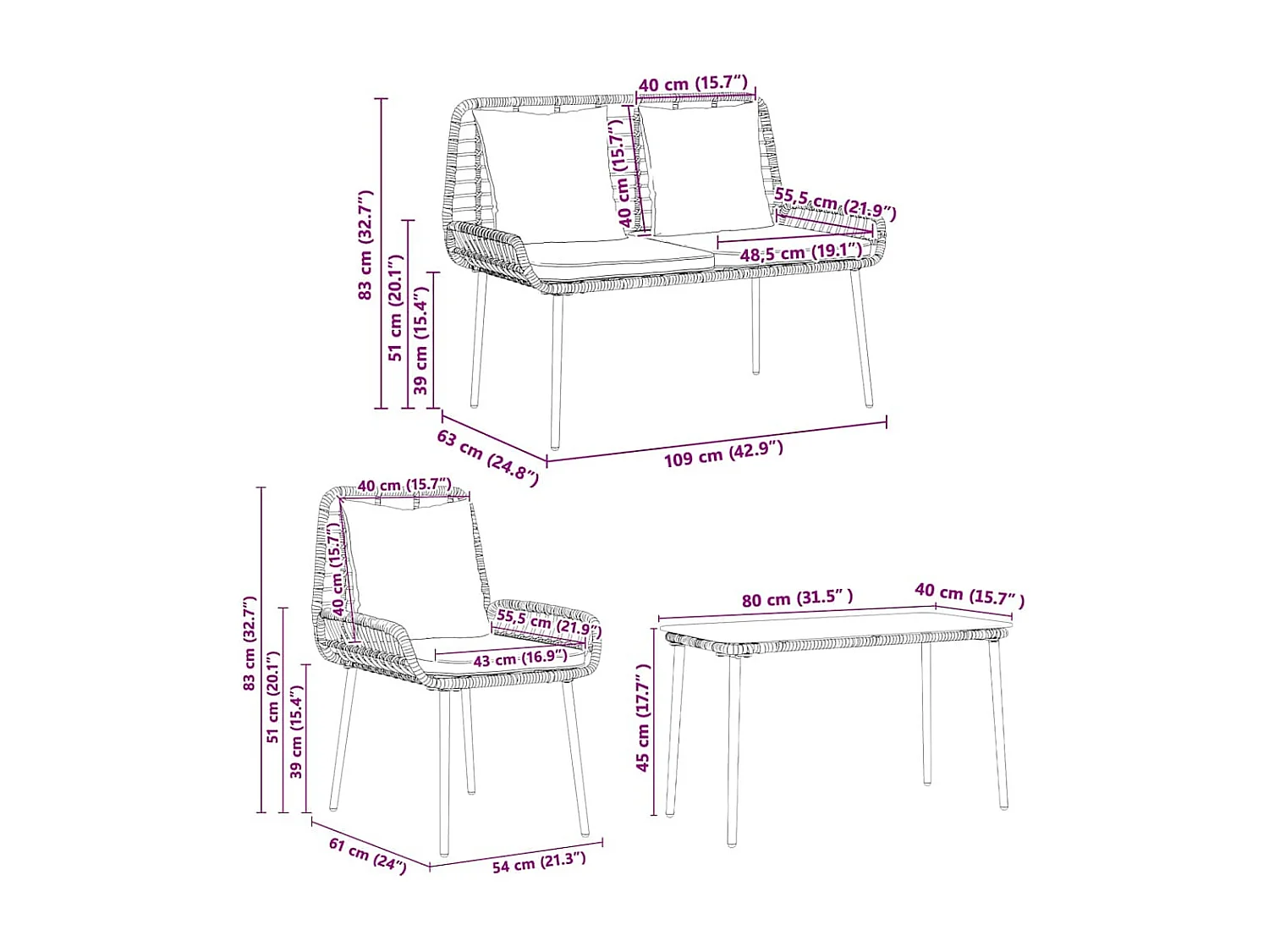 Conjunto de Muebles de Jardín 4 pcs Marrón Negro Crema