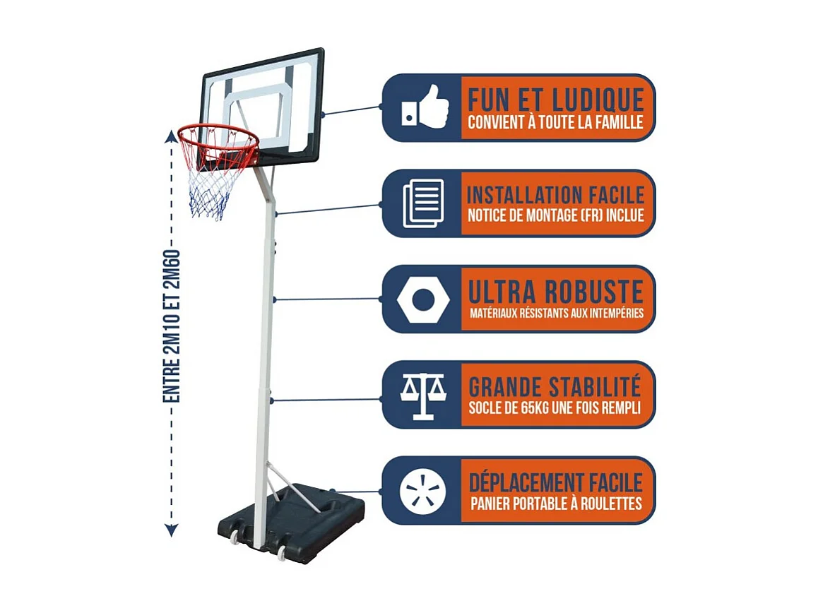 Panier de Basket sur Pied Mobile "Charlotte" Hauteur Réglable de 2,1m a 2,6m