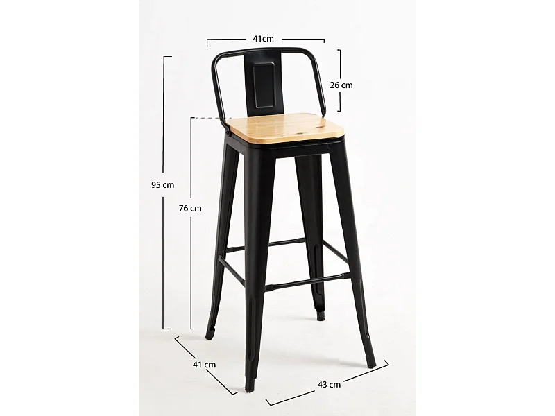 Lote de 4 Taburetes Torix Respaldo Madera Natural - Negro