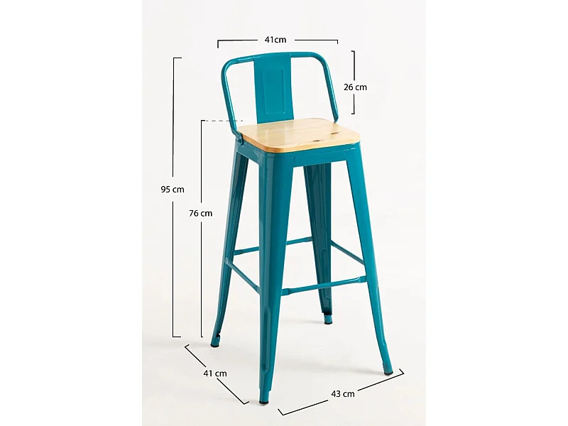 Lote de 4 Taburetes Torix Respaldo Madera Natural - Verde azulado