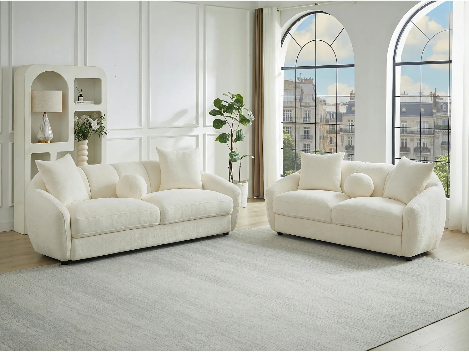 Canapé 3 places et 2 places en tissu texturé ivoire NAFEKI