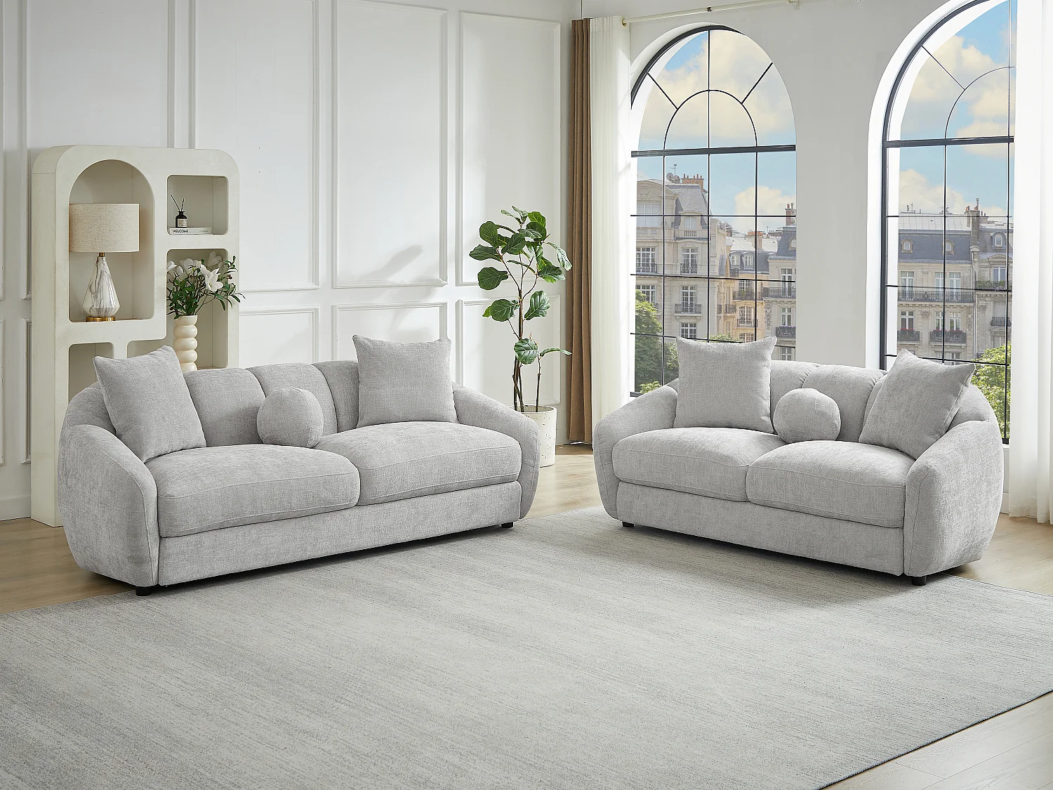 Canapé 3 places et 2 places en tissu texturé gris clair NAFEKI