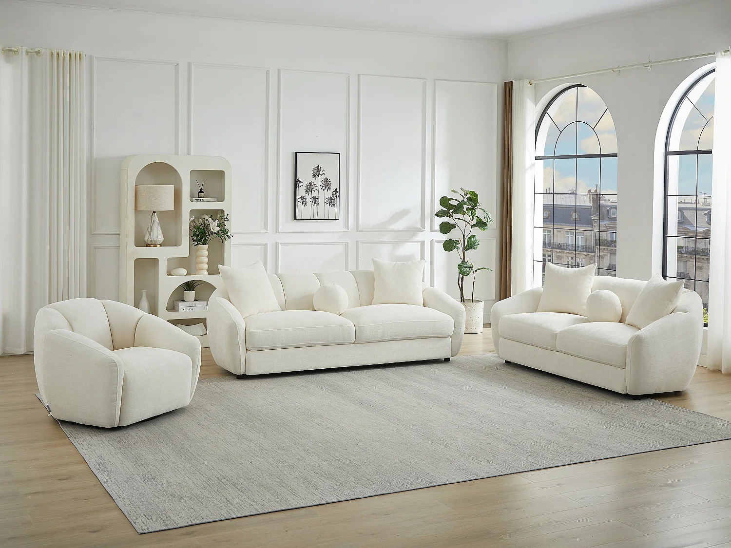 Canapé 3 places 2 places et un fauteuil en tissu texturé ivoire NAFEKI