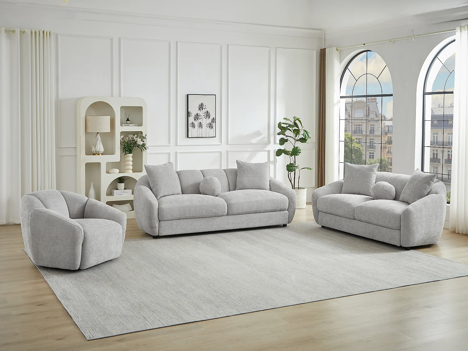 Canapé 3 places 2 places et un fauteuil en tissu texturé gris clair NAFEKI