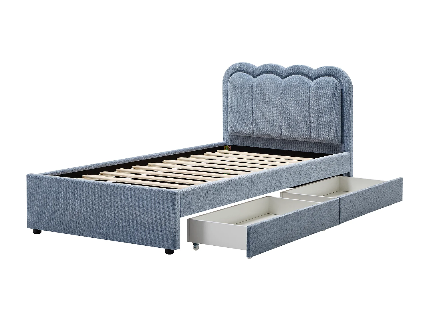 Lit 90 x 190 cm avec 2 tiroirs - Avec LEDs - Tissu chenille - Bleu clair - NESTIAKO