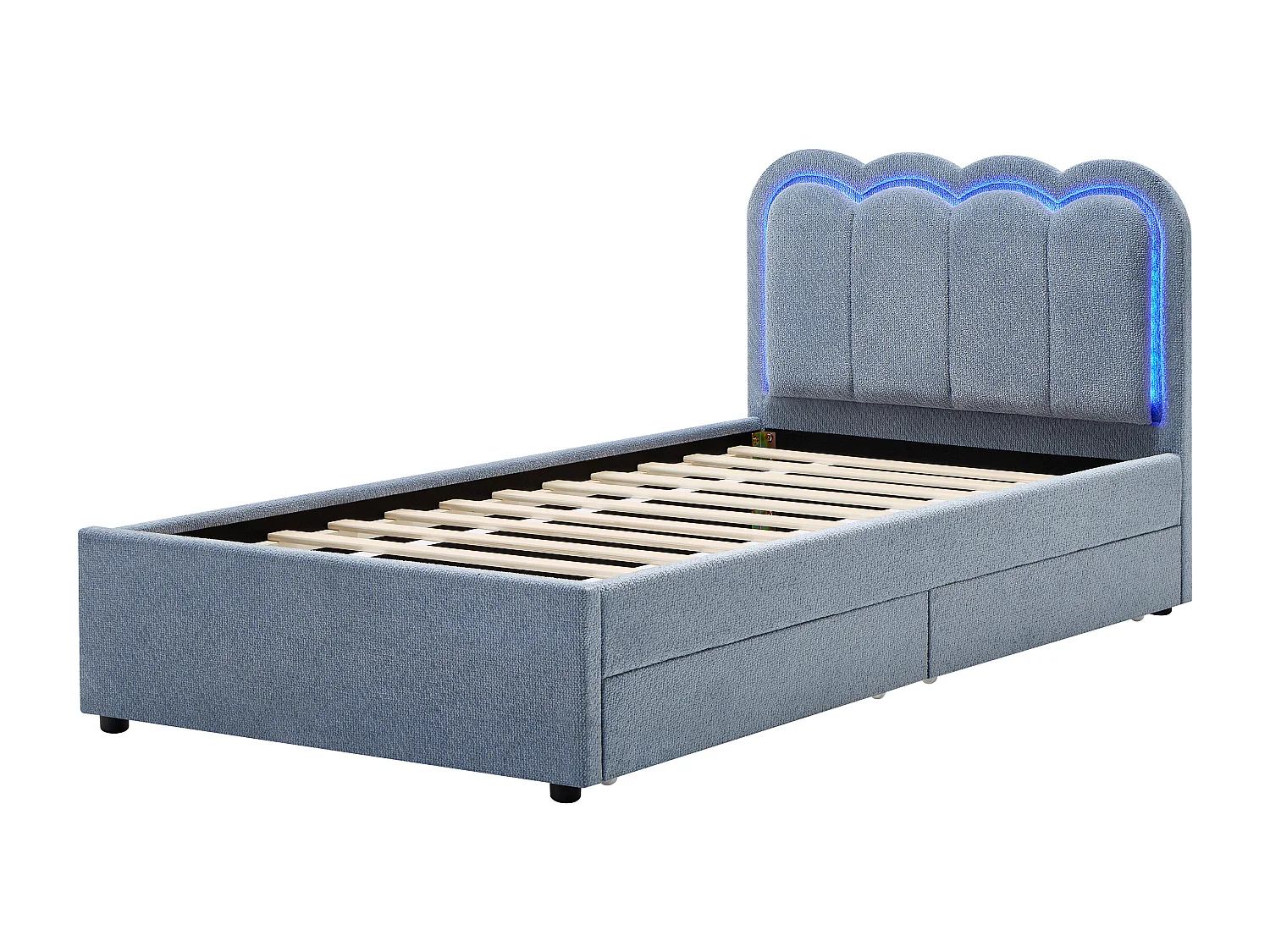 Lit 90 x 190 cm avec 2 tiroirs - Avec LEDs - Tissu chenille - Bleu clair - NESTIAKO