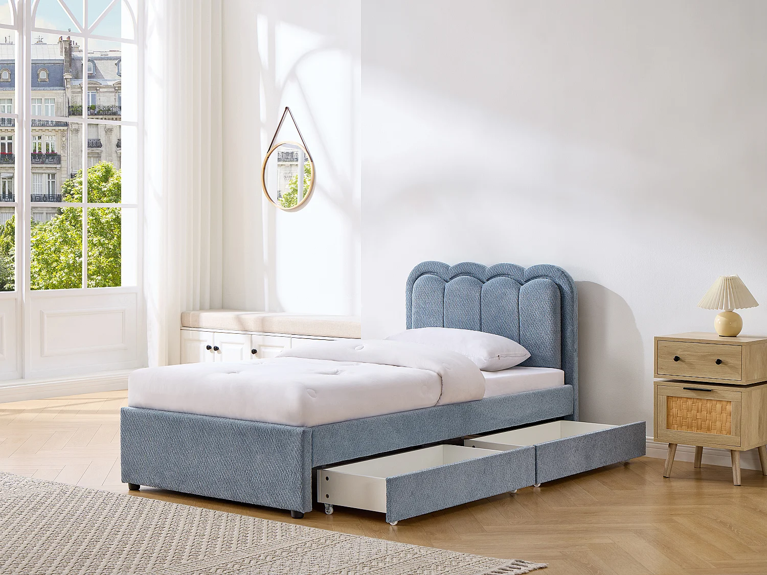 Lit 90 x 190 cm avec 2 tiroirs - Avec LEDs - Tissu chenille - Bleu clair - NESTIAKO