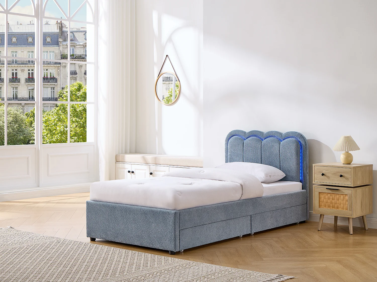 Lit 90 x 190 cm avec 2 tiroirs - Avec LEDs - Tissu chenille - Bleu clair - NESTIAKO
