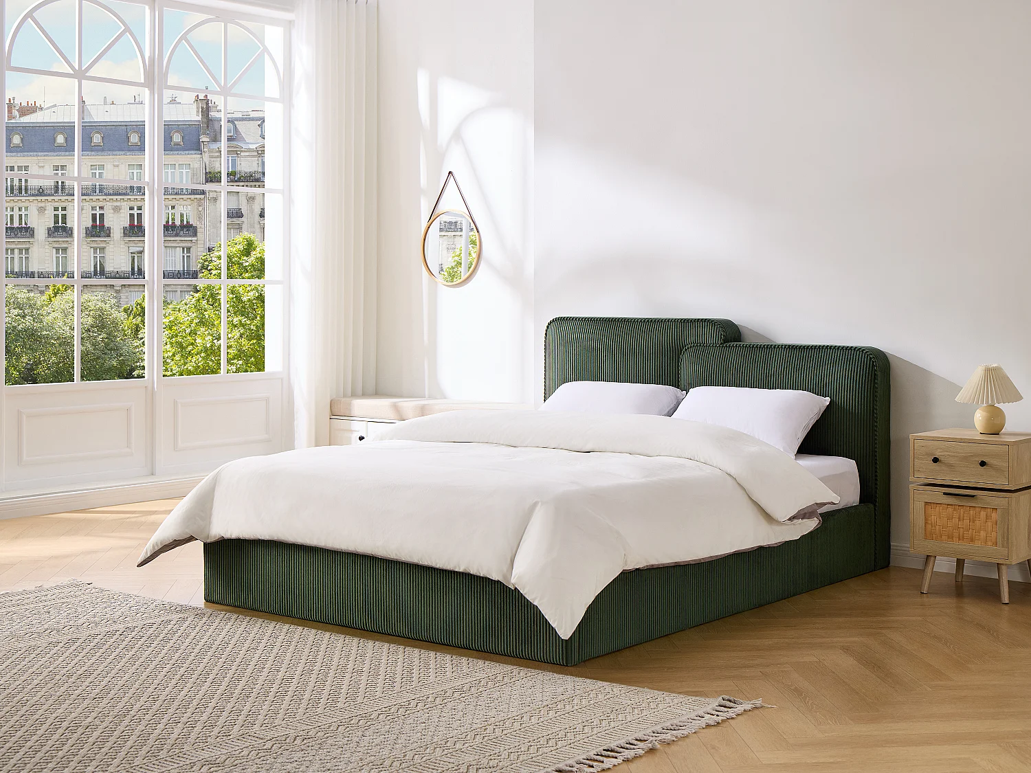 Lit coffre 140 x 190 cm - Velours côtelé - Vert sapin - NAYOLA