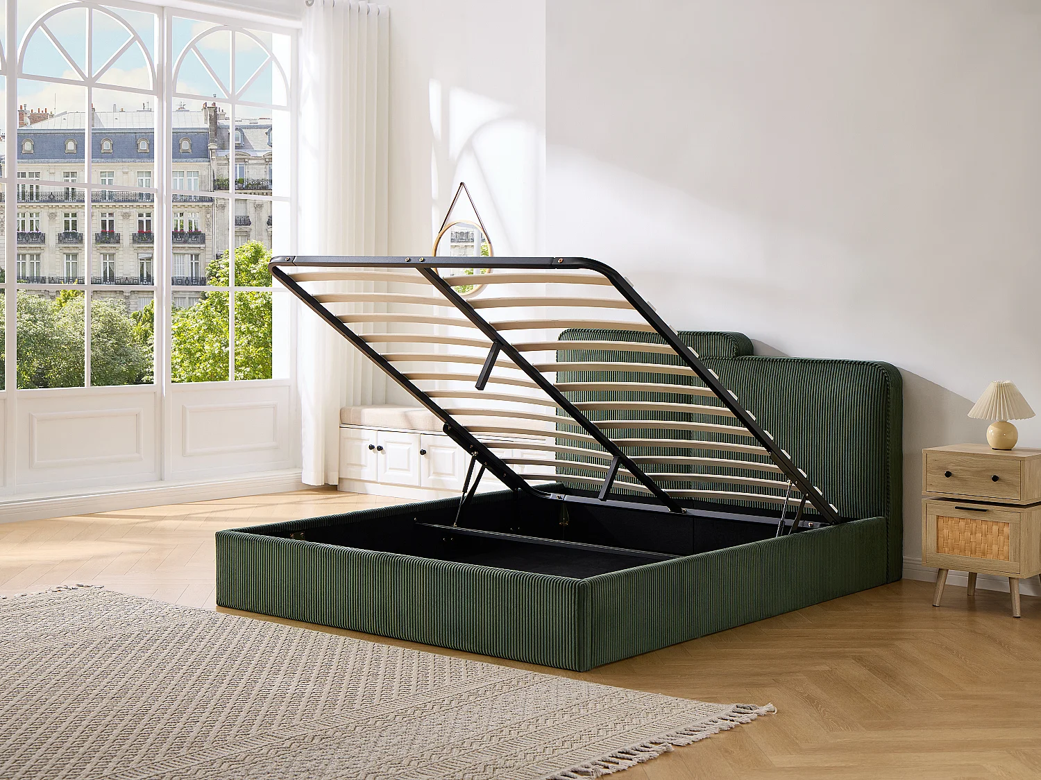 Lit coffre 160 x 200 cm - Velours côtelé - Vert sapin - NAYOLA