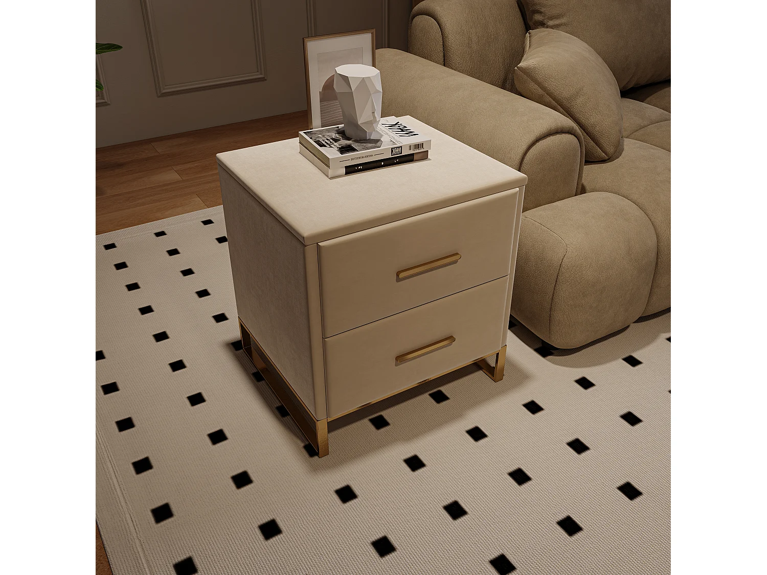 2 tiroirs Table de chevet - 50cm hauteur 2pcs Cabinet de chevet - Petite table de chevet en velours - pieds plaqués or