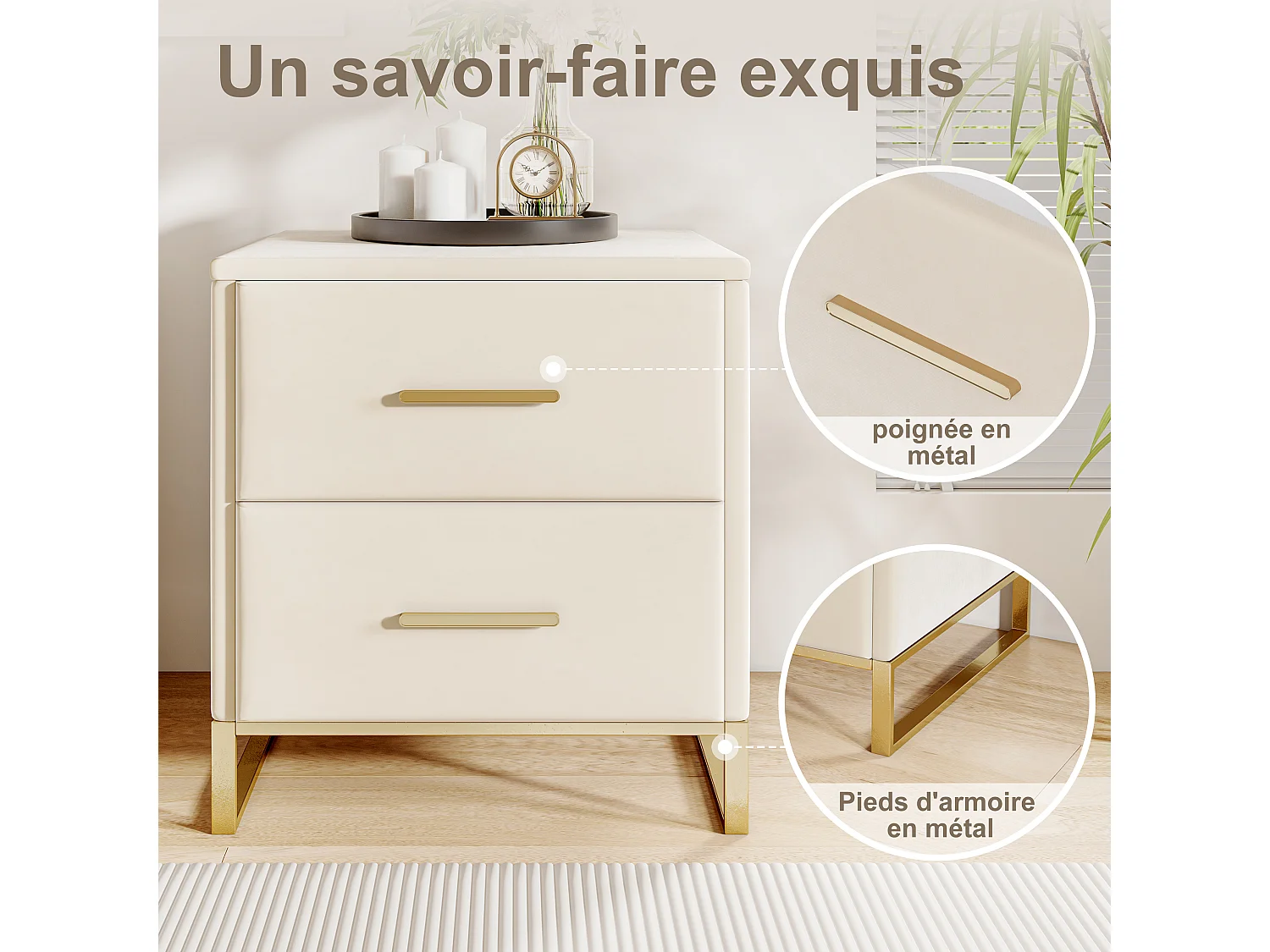 2 tiroirs Table de chevet - 50cm hauteur 2pcs Cabinet de chevet - Petite table de chevet en velours - pieds plaqués or