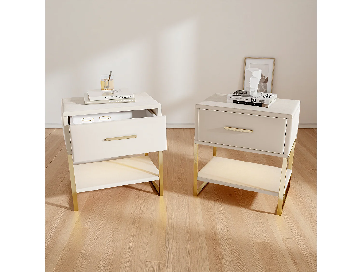 2pcs Table de chevet - Cabinet de côté - Velvet LED Light Table de côté avec 1 tiroir et 1 étagère ouverte - petite table latérale