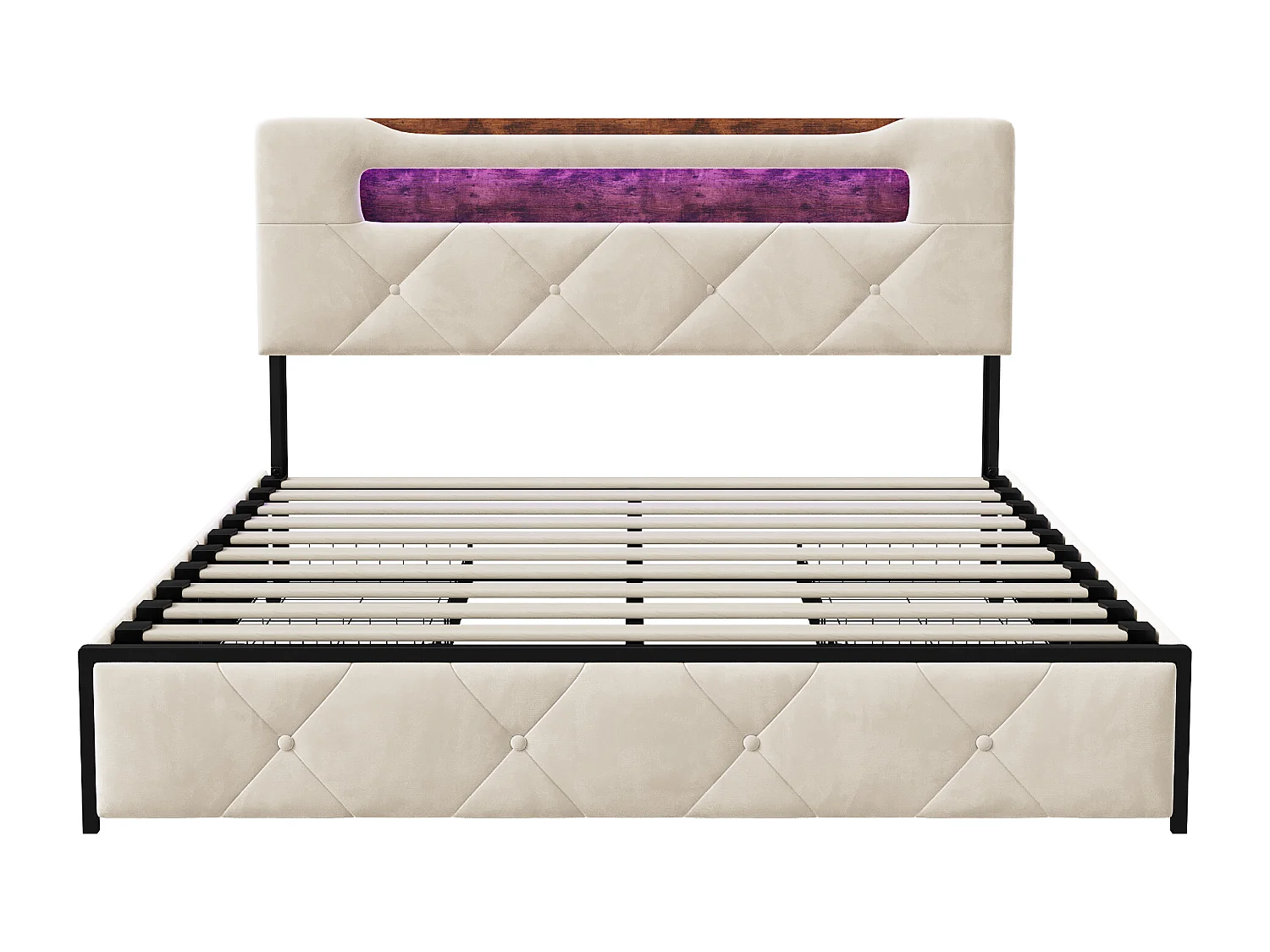Lit rembourré en velours avec 4 tiroirs de rangement en fer - Eclairage LED en bord de lit Cadre de lit double - pour adultes et adolescents - beige- 140x190cm