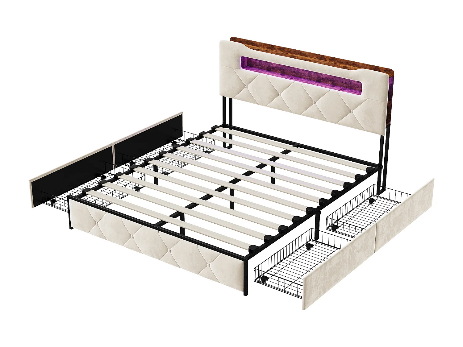 Lit rembourré en velours avec 4 tiroirs de rangement en fer - Eclairage LED en bord de lit Cadre de lit double - pour adultes et adolescents - beige- 140x200cm