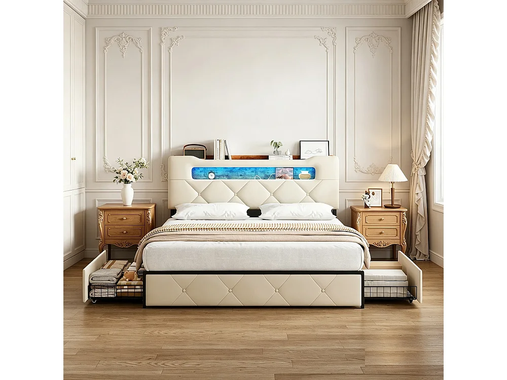Lit rembourré en velours avec 4 tiroirs de rangement en fer - Eclairage LED en bord de lit Cadre de lit double - pour adultes et adolescents - beige- 140x200cm
