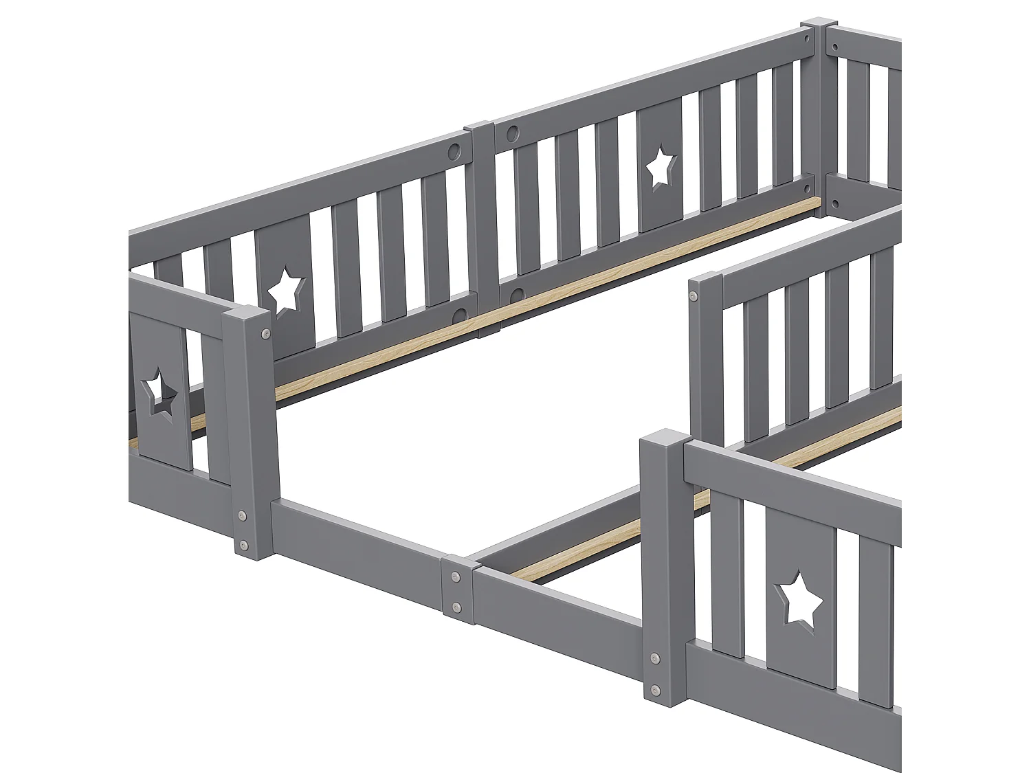 Łóżko Montessori 90x200 cm dla 2 dzieci z szarymi drewnianymi barierkami zabezpieczającymi, bez ramy z listew