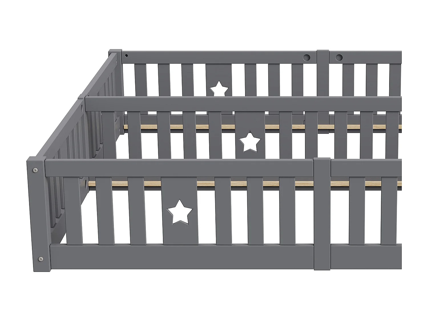 Łóżko Montessori 90x200 cm dla 2 dzieci z szarymi drewnianymi barierkami zabezpieczającymi, bez ramy z listew