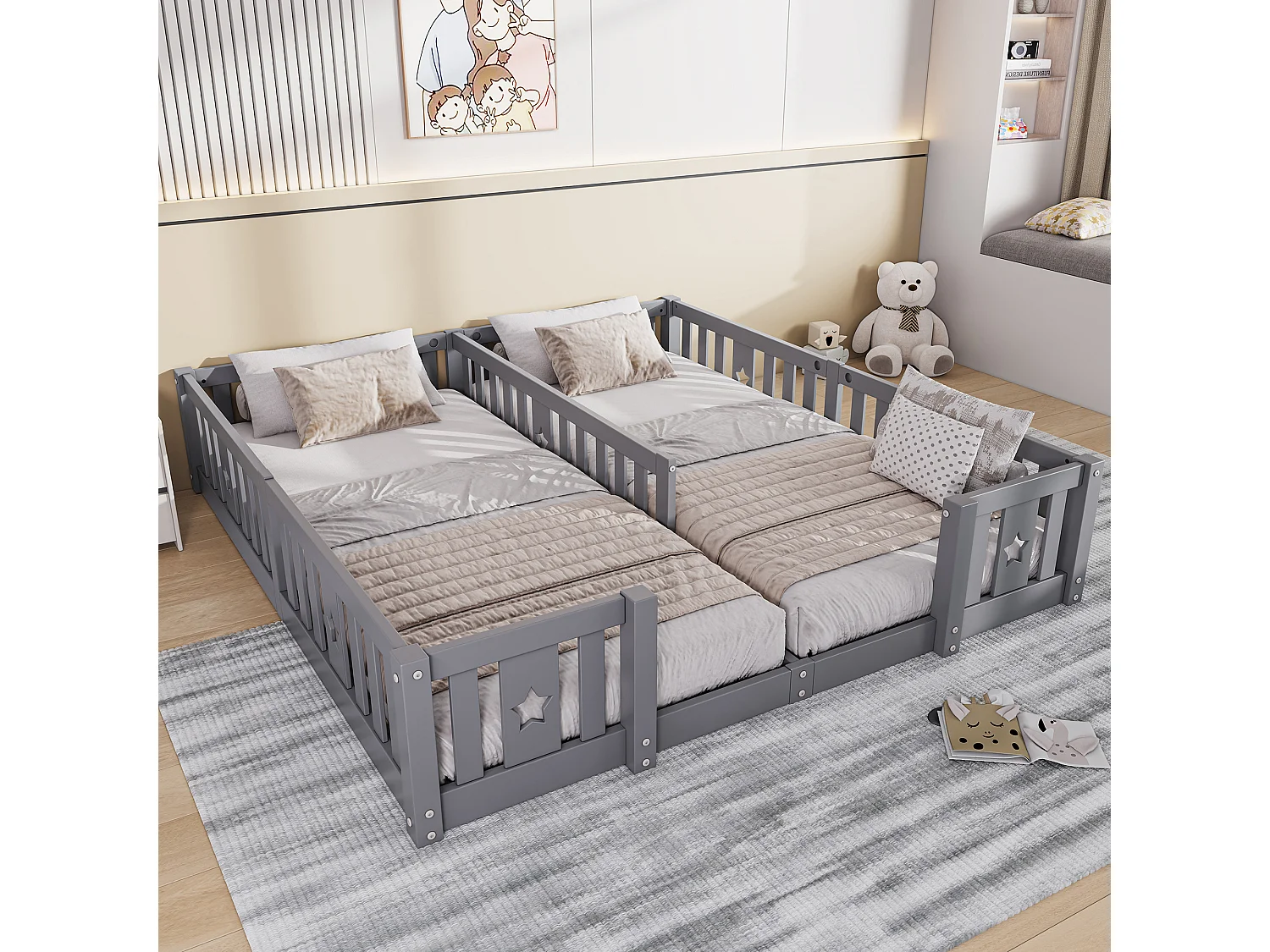 Łóżko Montessori dla dzieci 90x200 cm szare z barierkami zabezpieczającymi i ramą z listew z ekologicznego drewna sosnowego