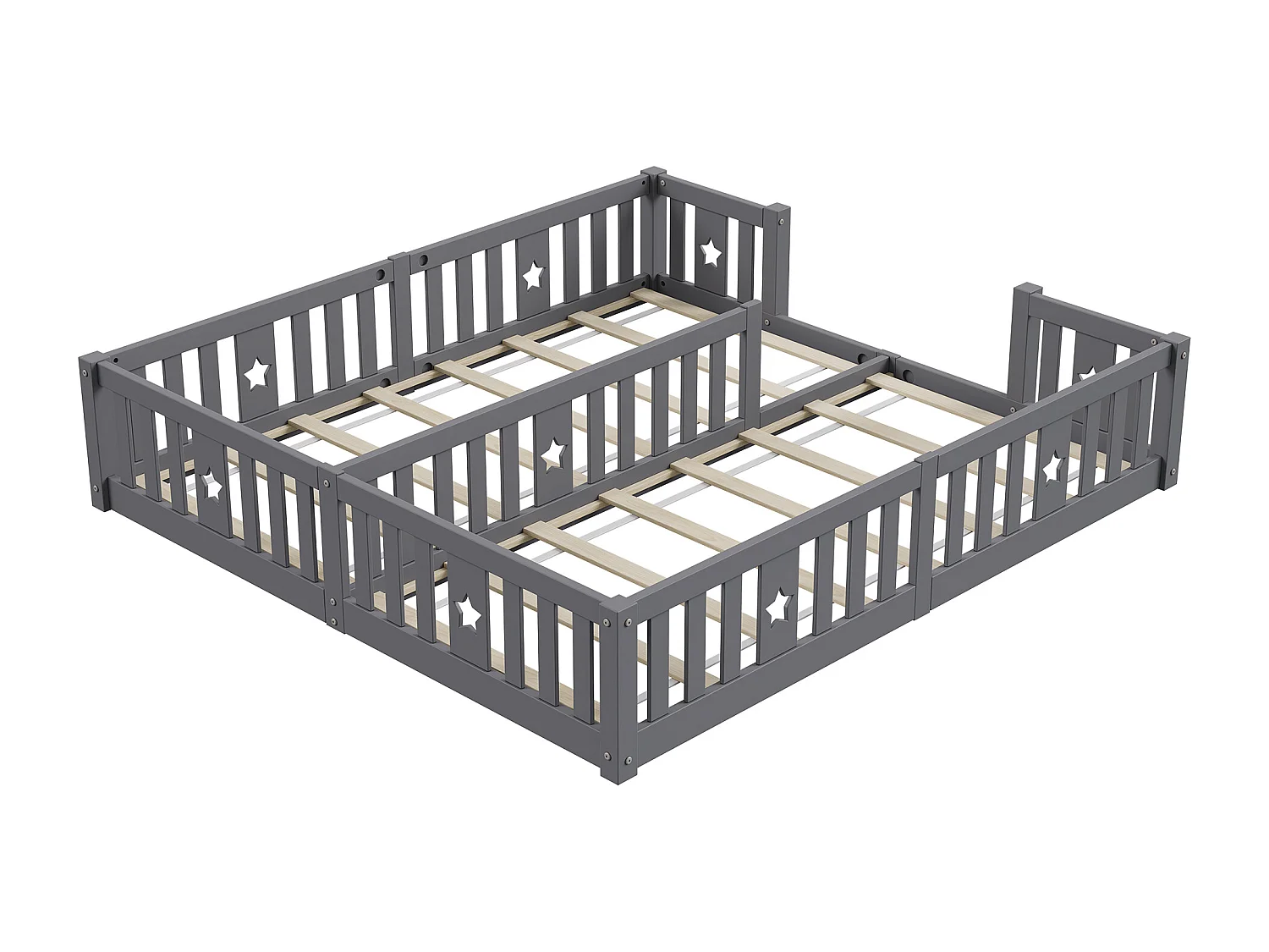 Łóżko Montessori dla dzieci 90x200 cm szare z barierkami zabezpieczającymi i ramą z listew z ekologicznego drewna sosnowego