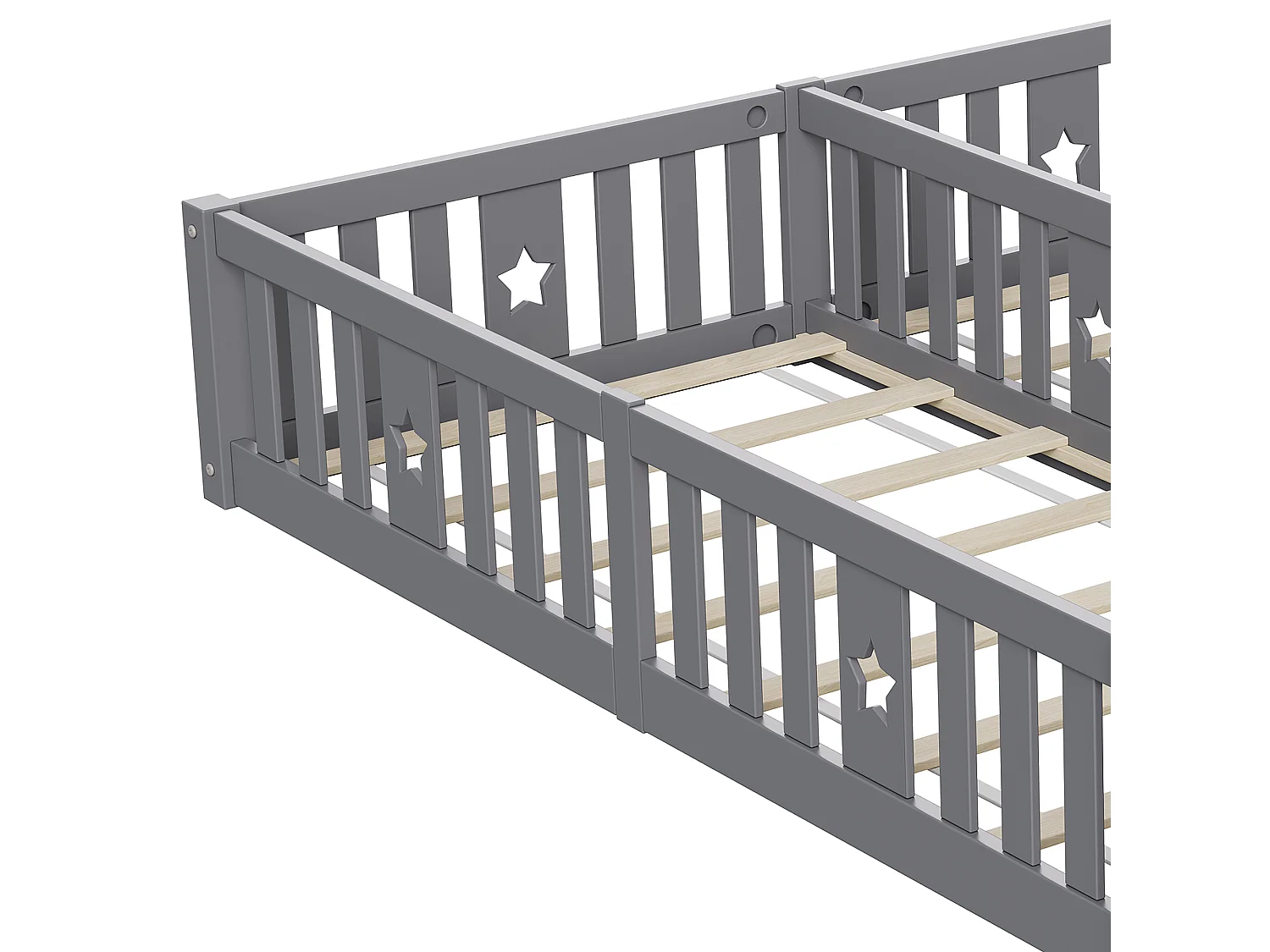 Łóżko Montessori dla dzieci 90x200 cm szare z barierkami zabezpieczającymi i ramą z listew z ekologicznego drewna sosnowego