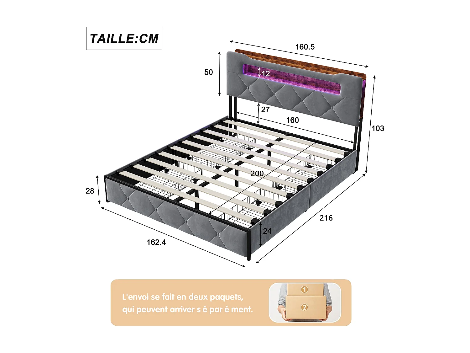 Tapicerowane łóżko podwójne z szarym aksamitem 160x200 cm z 4 szufladami, oświetleniem LED i wbudowanymi portami USB
