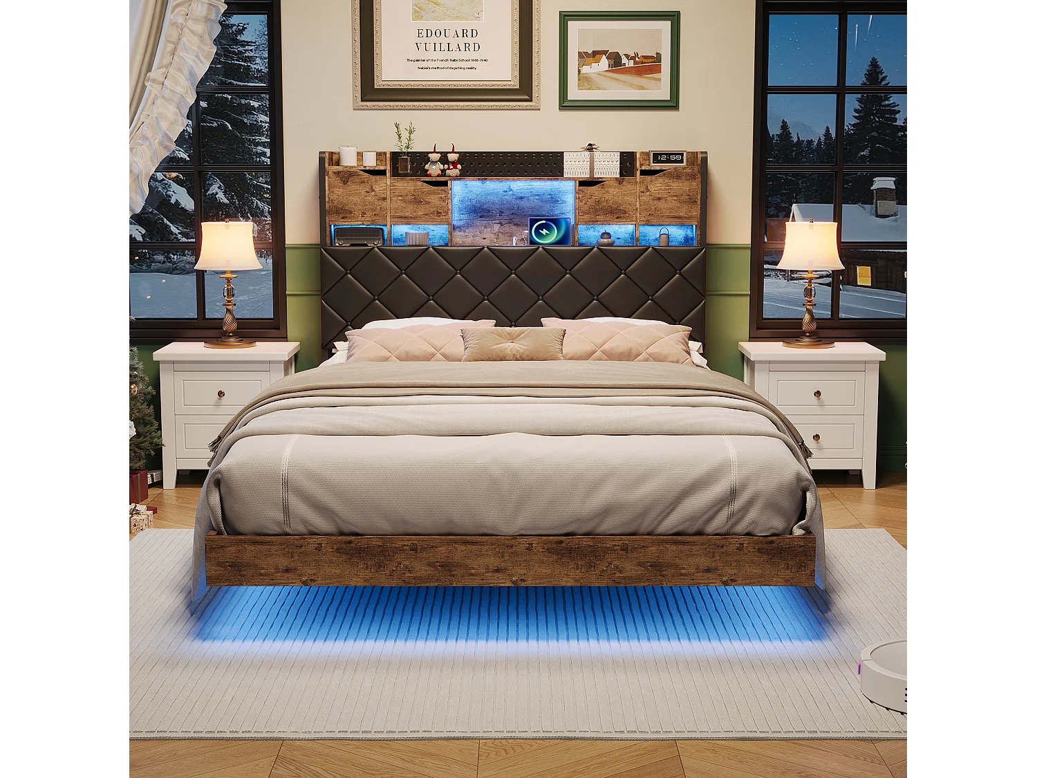 Cadre de lit en fer métallique - lit flottant en PU avec éclairage LED et station de charge USB - lit double rembourré avec tête de stockage - 160x200cm