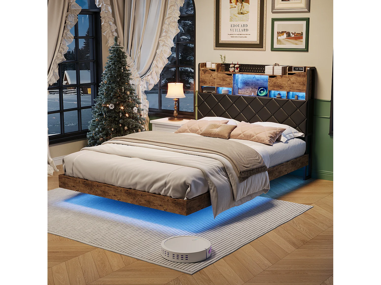 Cadre de lit en fer métallique - lit flottant en PU avec éclairage LED et station de charge USB - lit double rembourré avec tête de stockage - 160x200cm