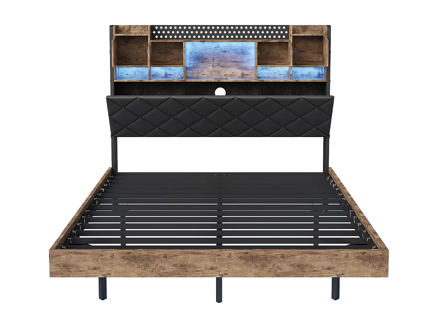 Cadre de lit en fer métallique - lit flottant en PU avec éclairage LED et station de charge USB - lit double rembourré avec tête de stockage - 160x200cm