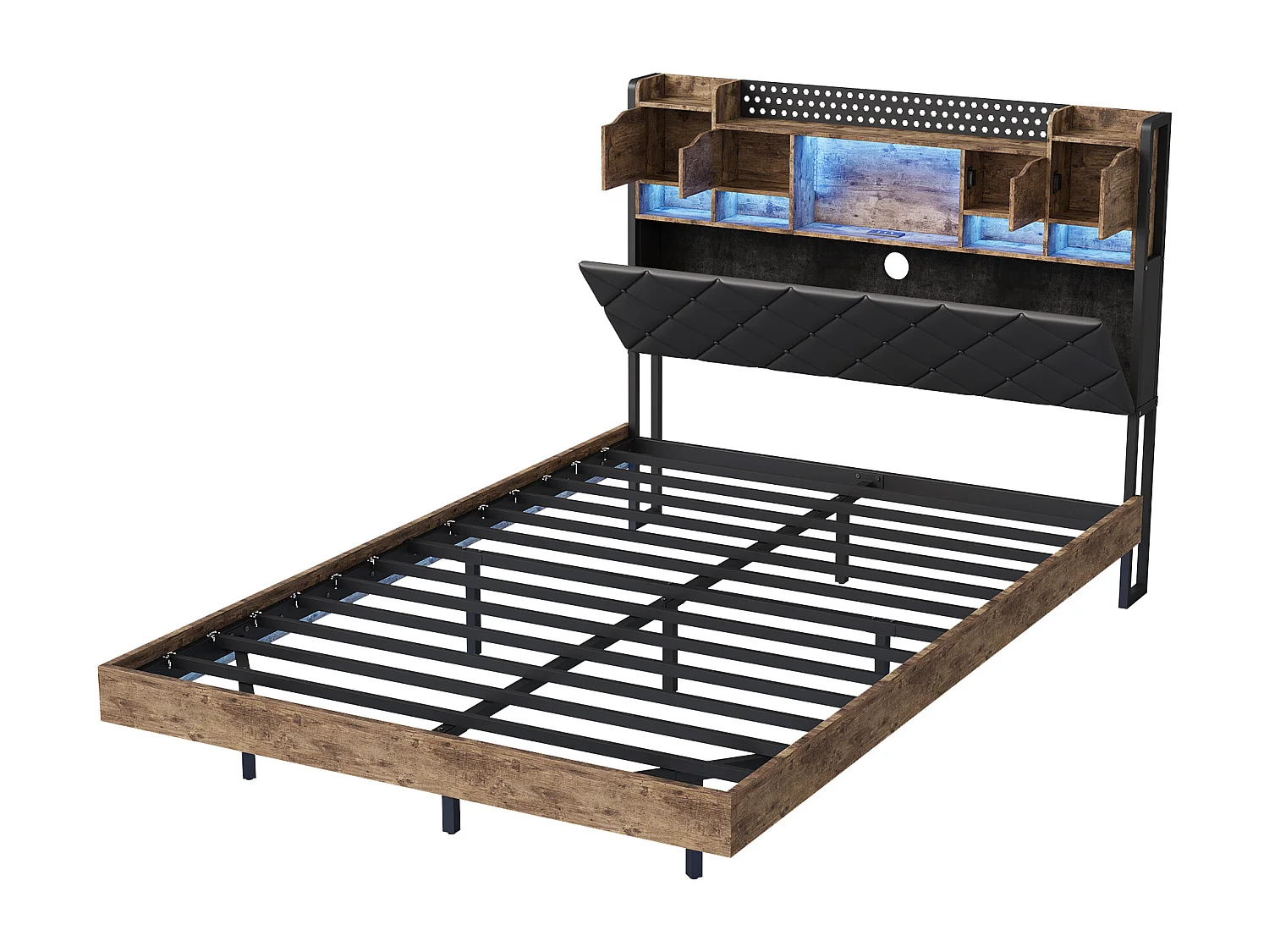 Cadre de lit en fer métallique - lit flottant en PU avec éclairage LED et station de charge USB - lit double rembourré avec tête de stockage - 160x200cm