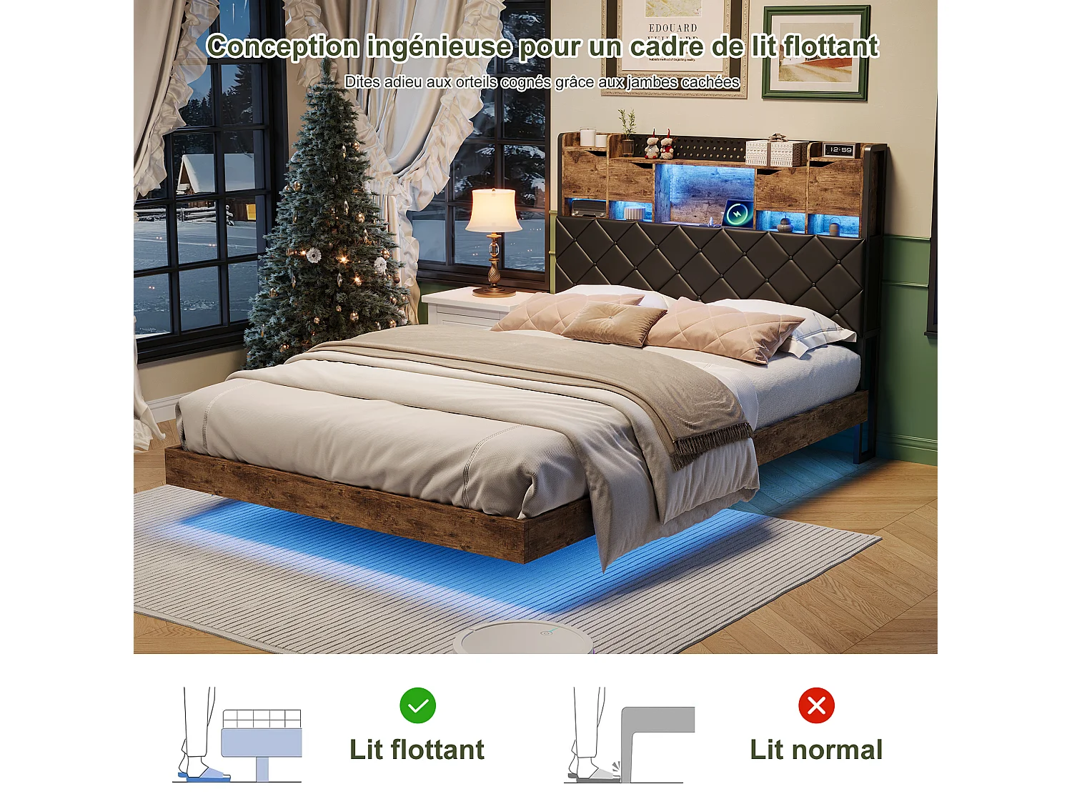 Cadre de lit en fer métallique - lit flottant en PU avec éclairage LED et station de charge USB - lit double rembourré avec tête de stockage - 160x200cm