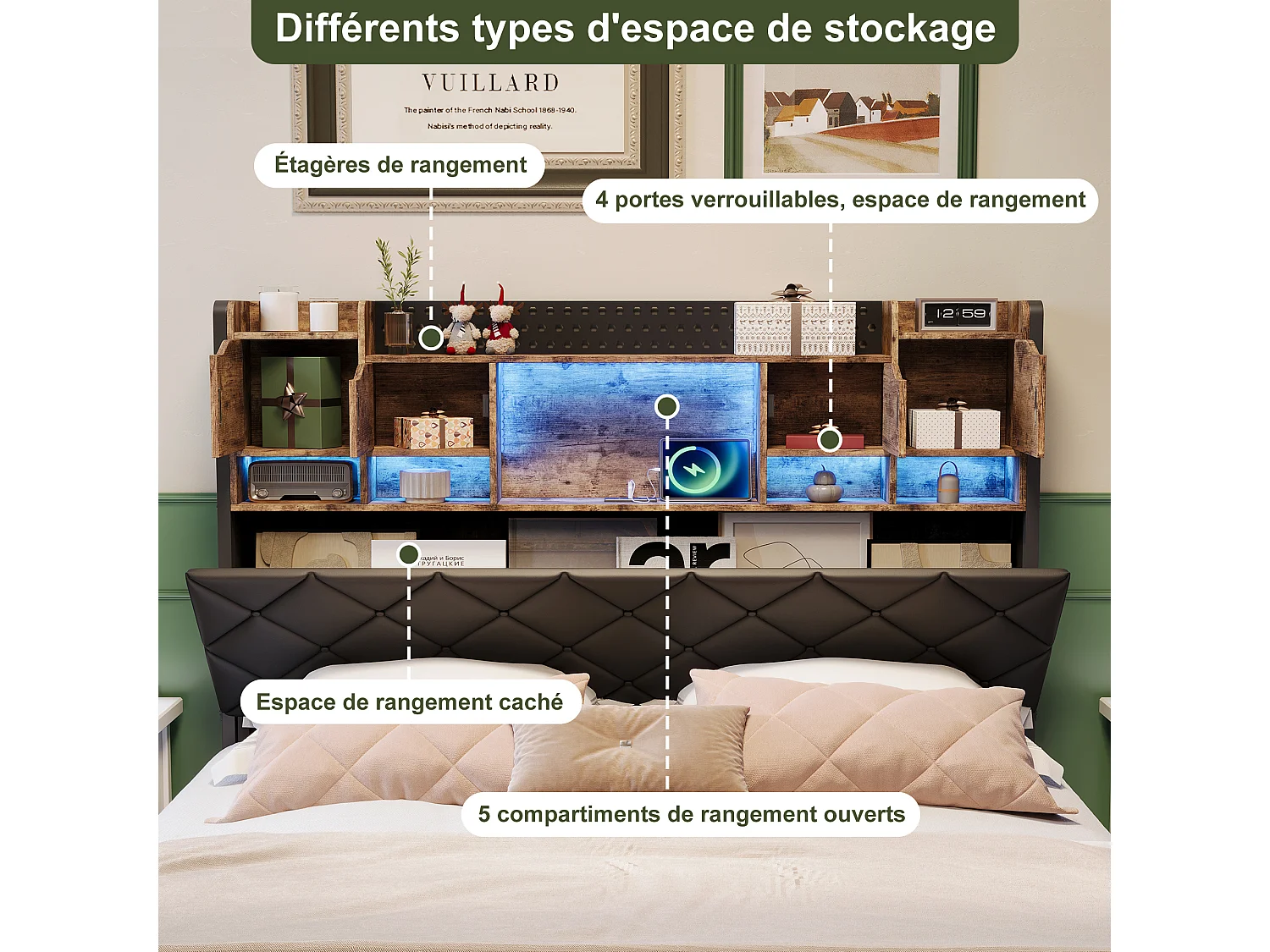 Cadre de lit en fer métallique - lit flottant en PU avec éclairage LED et station de charge USB - lit double rembourré avec tête de stockage - 160x200cm