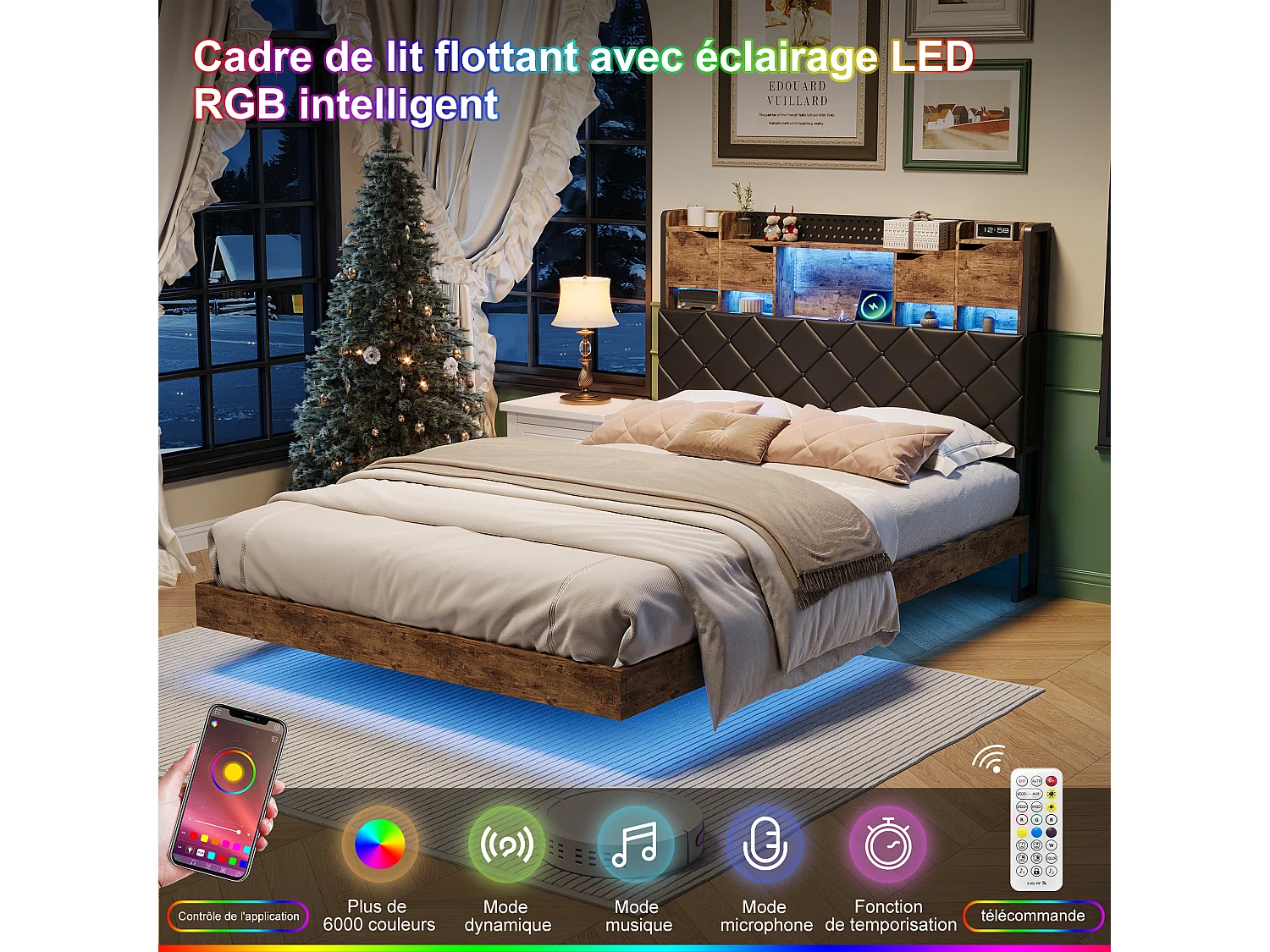 Cadre de lit en fer métallique - lit flottant en PU avec éclairage LED et station de charge USB - lit double rembourré avec tête de stockage - 160x200cm