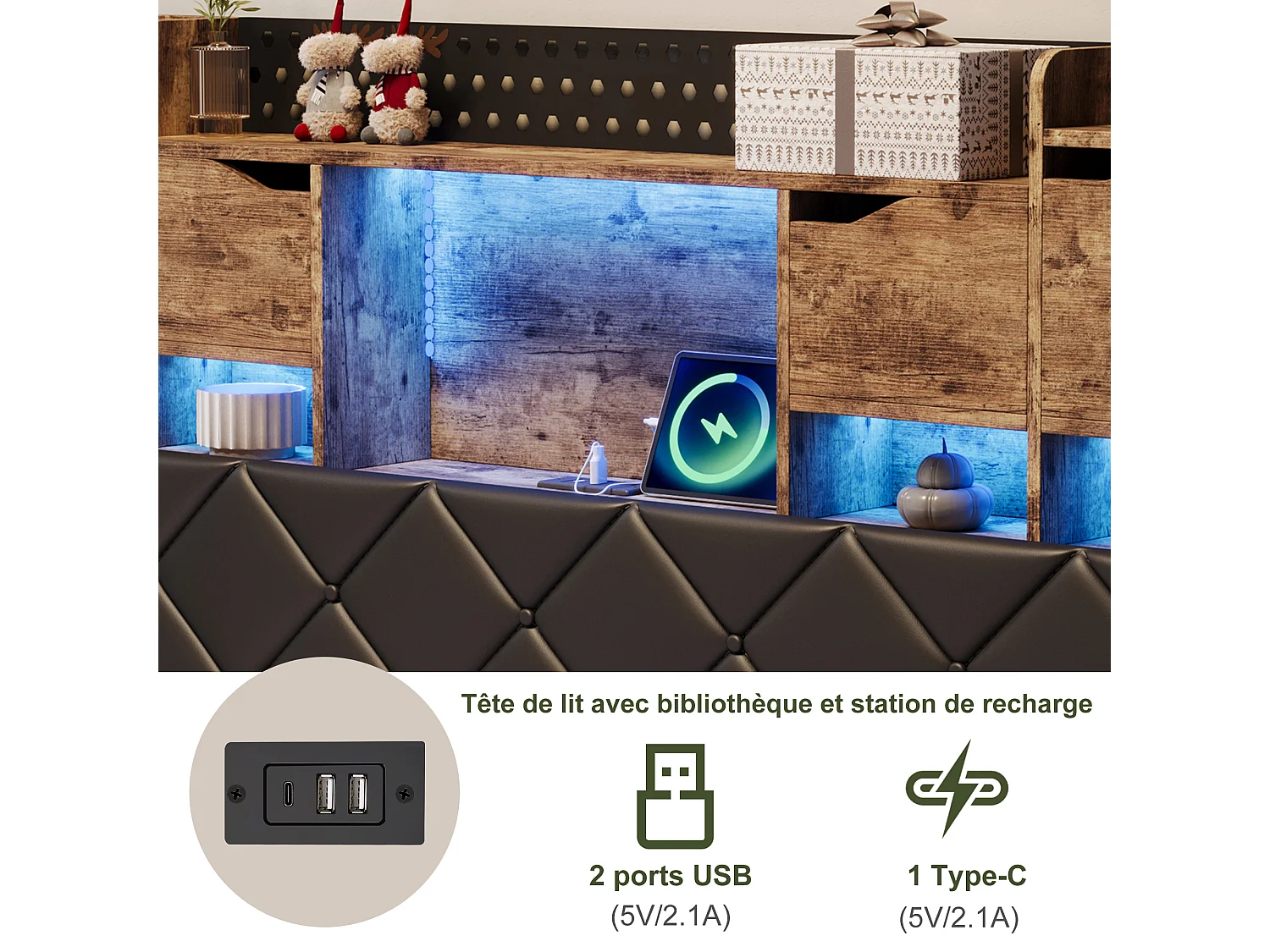 Cadre de lit en fer métallique - lit flottant en PU avec éclairage LED et station de charge USB - lit double rembourré avec tête de stockage - 160x200cm