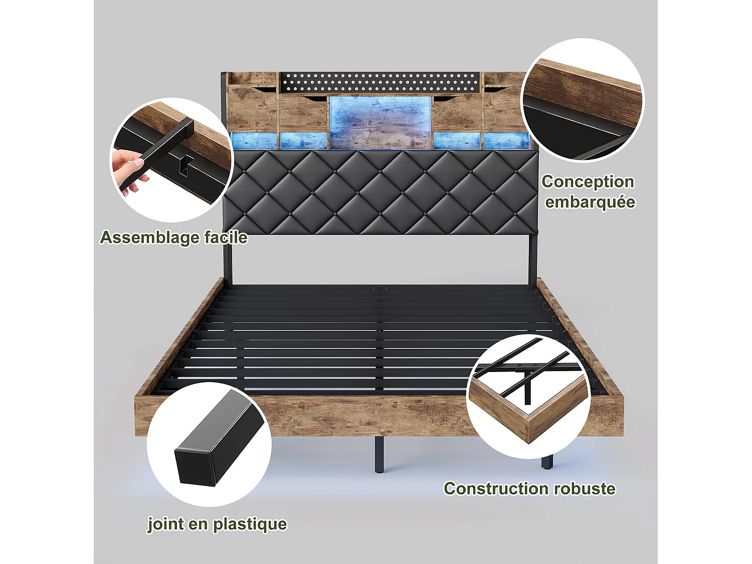 Cadre de lit en fer métallique - lit flottant en PU avec éclairage LED et station de charge USB - lit double rembourré avec tête de stockage - 160x200cm